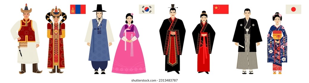 banderas y trajes nacionales de países de Asia Central y del Este. personas con disfraces tradicionales de Mongolia, Corea, China, Japón aisladas con antecedentes blancos. Grupo de personas con ropa popular de Asia Oriental.