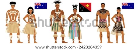 flags and national costumes of the largest countries of Oceania. couples of young people in the national, traditional clothes of Australia, Papua New Guinea, New Zealand, isolated on white background