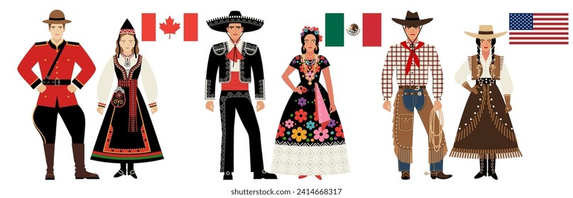 flags and national costumes of North American countries. couples of young people in the national, traditional clothes of Canada, Mexico, the USA, highlighted on a white background. vector flat drawing