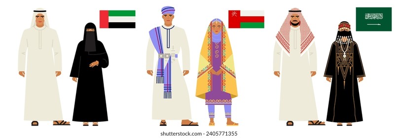 flags and national costumes of the Persian Gulf countries. couples of young people in the national, traditional clothes of the UAE, Oman, Saudi Arabia, isolated on a white background. a flat drawing. 