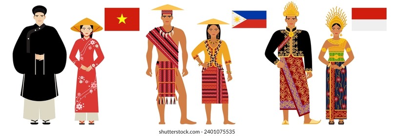 flags and national costumes of Southeast Asian countries. couples of young people in the national, traditional clothes of Vietnam, the Philippines, Indonesia, highlighted on a white background. EPS 10