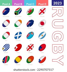 Conjunto de ícones com a bandeira das seleções nacionais para a competição  de rugby de 2023 ícone do campeonato mundial de cada participante