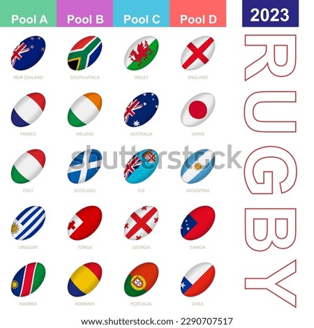 Flags of the nations participating in Rugby 2023. 20 flags in the style of a Rugby ball. Vector illustration.