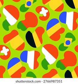 Flags of nations speaking Romance languages: French (France, Belgium), Italian (Italy, Switzerland), Romanian (Romania, Moldova), Portuguese (Portugal, Brazil), Spanish (Spain); seamless pattern