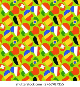 Flags of nations speaking Romance languages: French (France, Belgium), Italian (Italy, Switzerland), Romanian (Romania, Moldova), Portuguese (Portugal, Brazil), Spanish (Spain); seamless pattern