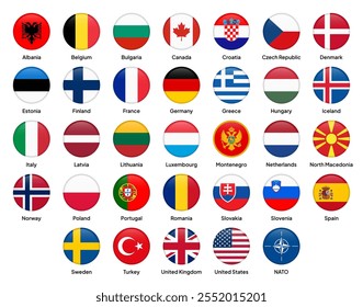 Flags of NATO (North Atlantic Treaty Organization) member countries in round shapes, including the US, Canada, UK, France, Germany, Italy, Turkey, Spain, Poland, Greece, and more. Vector illustration.