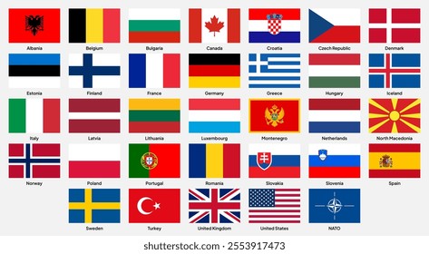 Flags of NATO (North Atlantic Treaty Organization) member countries in rectangular shapes (with a 3:2 ratio). Vector illustration.