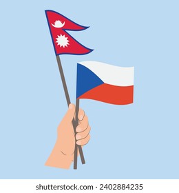 Flags of Nepal and Czech Republic, Hand Holding flags
