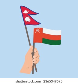 Banderas de Nepal y Omán, mano con banderas