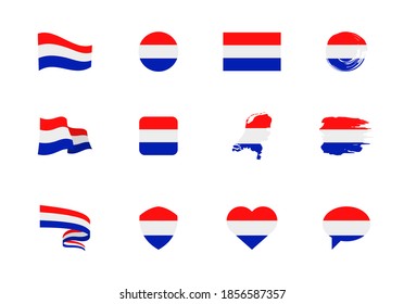 Flags of Netherlands - flat collection. Flags of different shaped twelve flat icons. Vector illustration set