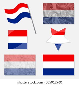  Flags of Netherlands Made in Different Variations: in Flat Design, with  Fabric Texture and as Web Buttons