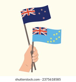 Flags of New Zealand and Tuvalu, Hand Holding flags