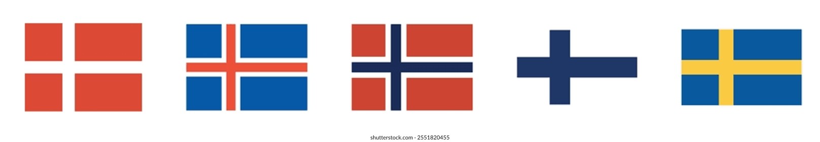 Banderas de países nórdicos con Dinamarca, Islandia, Noruega, Finlandia y Suecia mostradas en un estilo de Vector.