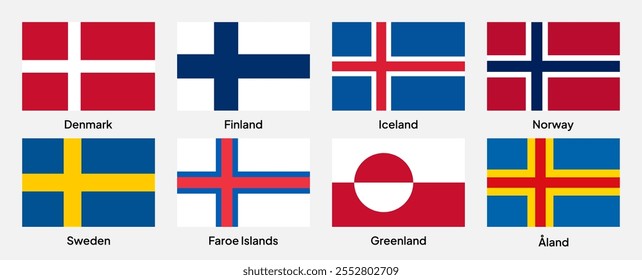 Banderas de los países y territorios nórdicos en Formas rectangulares (con una proporción de 3:2). Ilustración vectorial.