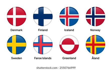 Flags of Nordic countries and territories in round shapes, including Denmark, Sweden, Norway, Finland, Iceland, Greenland, the Faroe Islands, and Åland. Vector illustration.