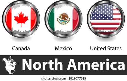 Flags of North America countries in glossy badges. Vector image