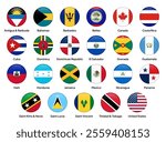 Flags of North American countries in round shapes, including the US, Canada, Mexico, Guatemala, Cuba, Honduras, Nicaragua, El Salvador, Costa Rica, Panama, Jamaica, and others. Vector illustration.