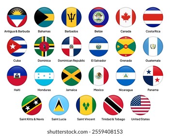 Flags of North American countries in round shapes, including the US, Canada, Mexico, Guatemala, Cuba, Honduras, Nicaragua, El Salvador, Costa Rica, Panama, Jamaica, and others. Vector illustration.