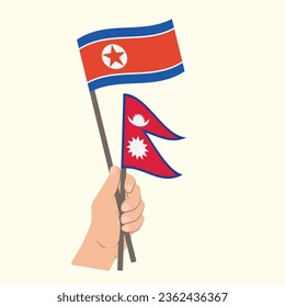 Banderas de Corea del Norte y Nepal, con banderas de mano