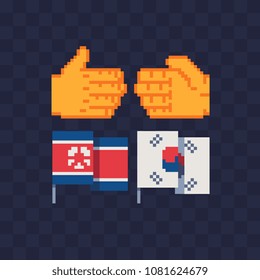 Flags North Korea and South Korea handshake pixel art icon, peace negotiation, friendship. Isolated vector illustration. 8-bit sprite. Design stickers, logo, mobile app.