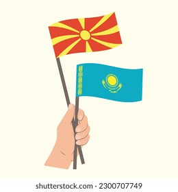 Flags of North Macedonia and Kazakhstan, Hand Holding flags