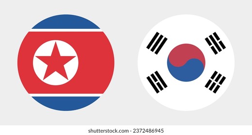 The flags of North and South Korea. Button flag icon. Standard color. Circle icon flag. Computer illustration. Digital illustration. Vector illustration.