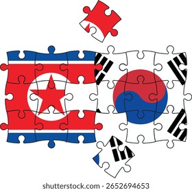 As bandeiras da Coreia do Norte e da Coreia do Sul conectam-se como peças de quebra-cabeças - simbolizando uma terra dividida com raízes partilhadas, e a esperança duradoura de paz, reunificação e entendimento mútuo.