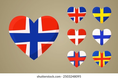 Banderas de Noruega, Islandia, Dinamarca, Islas Feroe, Suecia, Finlandia e Islas Aland en forma de corazón.