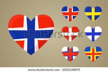 Flags of Norway, Iceland, Denmark, Faroe Islands, Sweden, Finland and Aland Islandsin the shape of a heart.