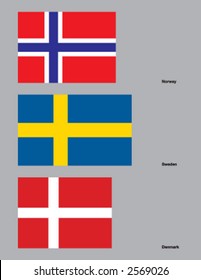 The flags of Norway, Sweden, and Denmark. Drawn in CMYK and placed on individual layers.