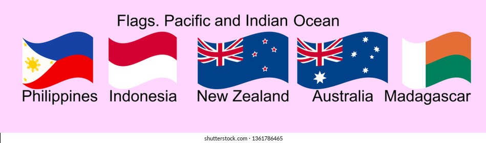 Flags of Oceania countries in original colors. Philippines, Indonesia, New Zealand, Australia, Madagascar