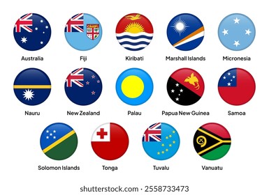 Flags of Oceania countries in round shapes, including Australia, Fiji, Papua New Guinea, New Zealand, Samoa, Tonga, Solomon Islands, Vanuatu, Kiribati, Tuvalu, and others. Vector illustration.