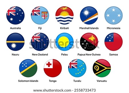 Flags of Oceania countries in round shapes, including Australia, Fiji, Papua New Guinea, New Zealand, Samoa, Tonga, Solomon Islands, Vanuatu, Kiribati, Tuvalu, and others. Vector illustration.