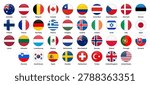 Flags of OECD (Organisation for Economic Co-operation and Development) member countries in round shapes, including the United States, Canada, Japan, South Korea, Australia, Mexico, the United Kingdom, France, Germany, Italy, and others. Vector illustration.