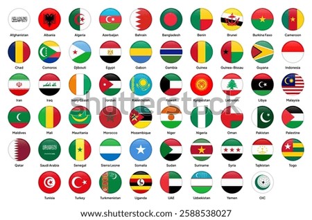 Flags of OIC (Organisation of Islamic Cooperation) members in round shapes, including Saudi Arabia, Pakistan, Indonesia, Turkey, Egypt, Iran, Qatar, Malaysia, Nigeria, and others. Vector illustration.