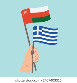 Flags of Oman and Greece, Hand Holding flags