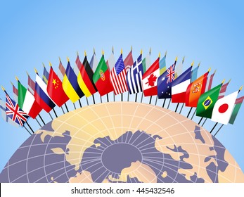 flags on the background of the earth