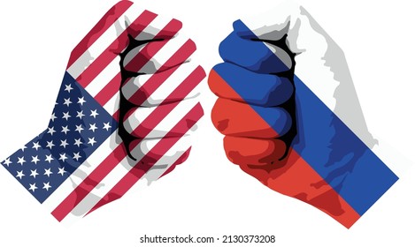 Flags on fist. Conflict between Usa and Russia. Conflict of the country concept. Vector illustration.