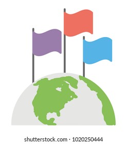 
Flags on globe, global unity flat icon
