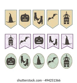 Flags on Halloween with silhouettes: a bat, pumpkin and witches house, hat, shoe. Black icons on the pattern. Vector illustration.