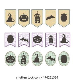 Flags on Halloween with silhouettes: a bat, pumpkin and witches house, hat, pot. Black icons on the pattern. Vector illustration.