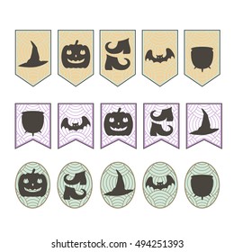 Flags on Halloween with silhouettes: witch shoes, hat, pot and pumpkin, bat. Black icons on the pattern. Vector illustration.