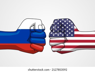 flags on hand conflict between Usa and Russia. Conflict of the country concept. vector illustration in flat style modern design