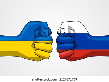 flags on hand conflict between Ukraine and Russia.  Conflict of the country concept. vector illustration in flat style modern design.