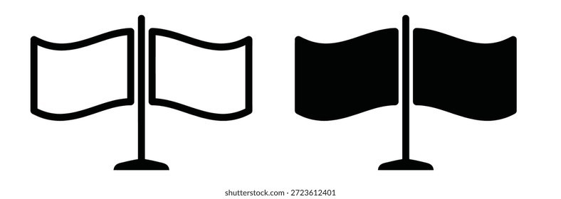 Flags on poles waving in the wind in black and white,Waving flag icon. Simple glyph style. Start, finish, pole, point, shape, location, pin, mark, map, pennant, flutter, place marker concept.