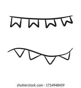 Flaggen auf Seil einzeln auf weißem Hintergrund. Einfache Vektorillustration-Illustration im Doodle-Umriss-Stil. Konzept der Dekoration zum glücklichen Geburtstag, fröhliche Weihnachten, Feiertage, neues Jahr, Erntedanktag