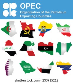 Flags of OPEC the Organization of the Petroleum Exporting Countries overlaid on outline map isolated on white background 