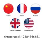 Flags of the P5 (Permanent Members of the United Nations Security Council) in round shapes, including China, France, Russia, the United Kingdom, and the United States. Vector illustration.