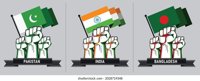 Flags Of Pakistan, India And Bangladesh With Raised Fists. National Day Or Independence Day Design For South Asian Countries. Cricket Fans Or Supporters.