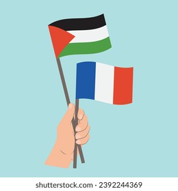 Flags of Palestine and France, Hand Holding flags